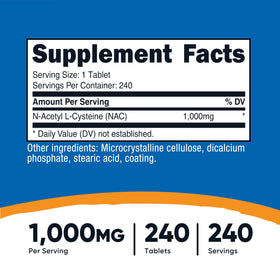 Nutricost N-Acetyl L-Cysteine 1000mg 240 comprimés, emballage et étiquetage