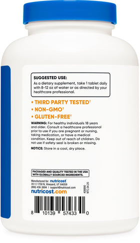Nutricost N-Acetyl L-Cysteine 1000mg, comprimés sur un fond blanc