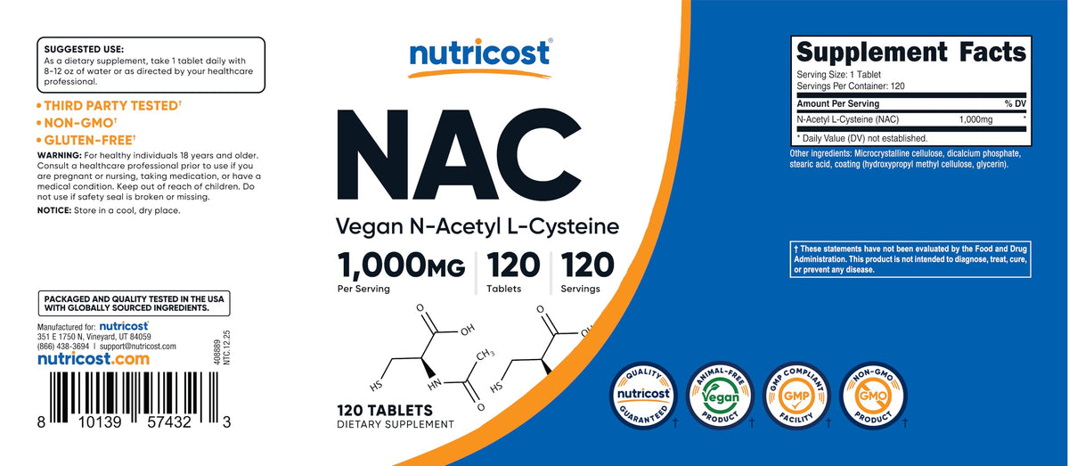 Nutricost N-Acetyl L-Cysteine 1000mg comprimés végétaliens