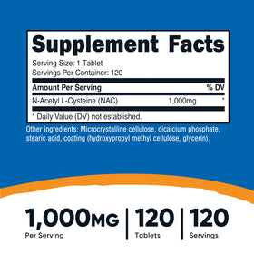 Nutricost N-Acetyl L-Cysteine 1000mg étiquette et ingrédients