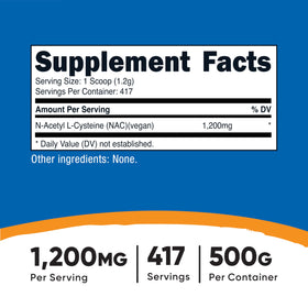 Nutricost N-Acetyl L-Cystéine 500g étiquette détaillée