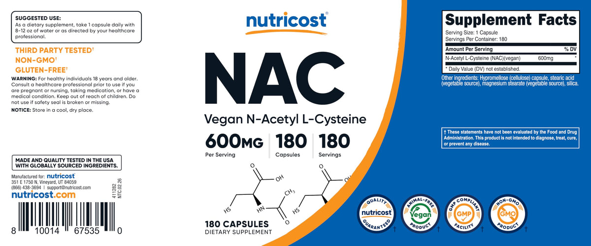 Nutricost N-Acetyl L-Cysteine 600mg avec d'autres compléments
