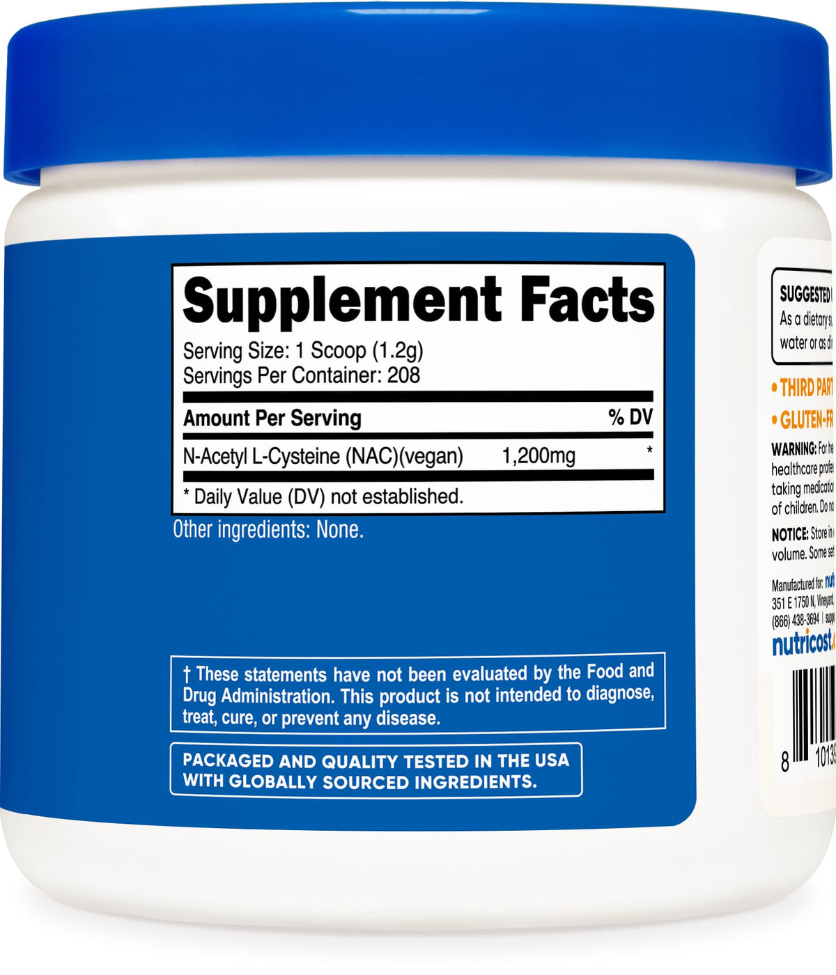Nutricost N-Acetyl L-Cystéine Poudre 250g sur un fond neutre