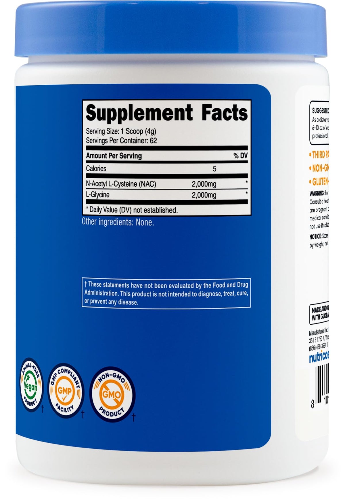 Nutricost NAC + Glycine Poudre 250g avec ingrédients en arrière-plan