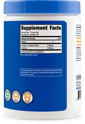 Nutricost NAC + Glycine Poudre 250g avec ingrédients en arrière-plan
