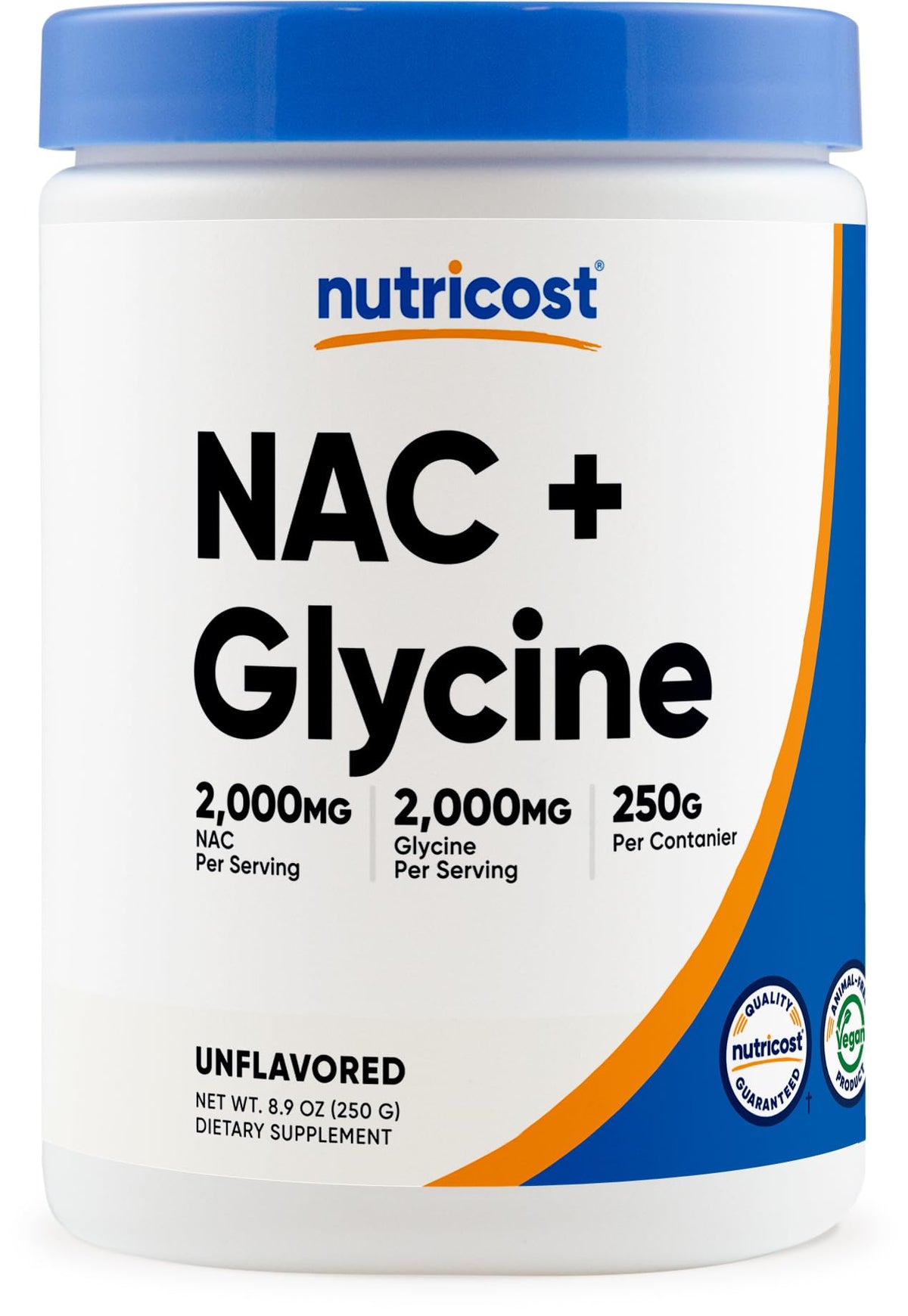 Nutricost NAC + Glycine Poudre 250g vue avant avec étiquette