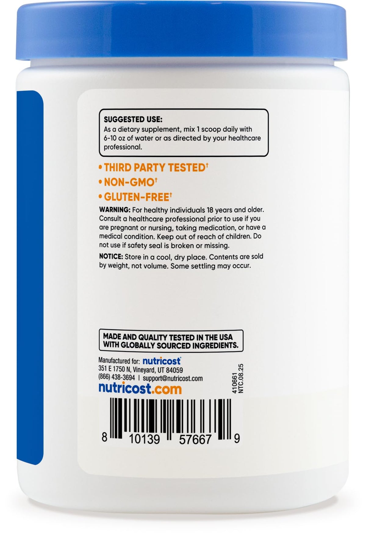 Nutricost NAC + Glycine Poudre 250g vue de côté