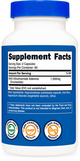 Nutricost NAD+ 1 000 mg 120 capsules sur une table