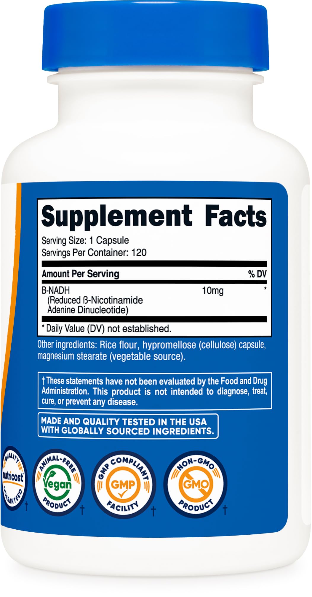 Nutricost NADH 10mg 120 capsules sur une table