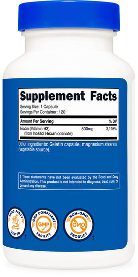 Nutricost Niacine Flush-Free 500mg, capsules sur une table