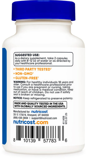 Nutricost NMNH 500mg, vue de côté montrant la taille des capsules