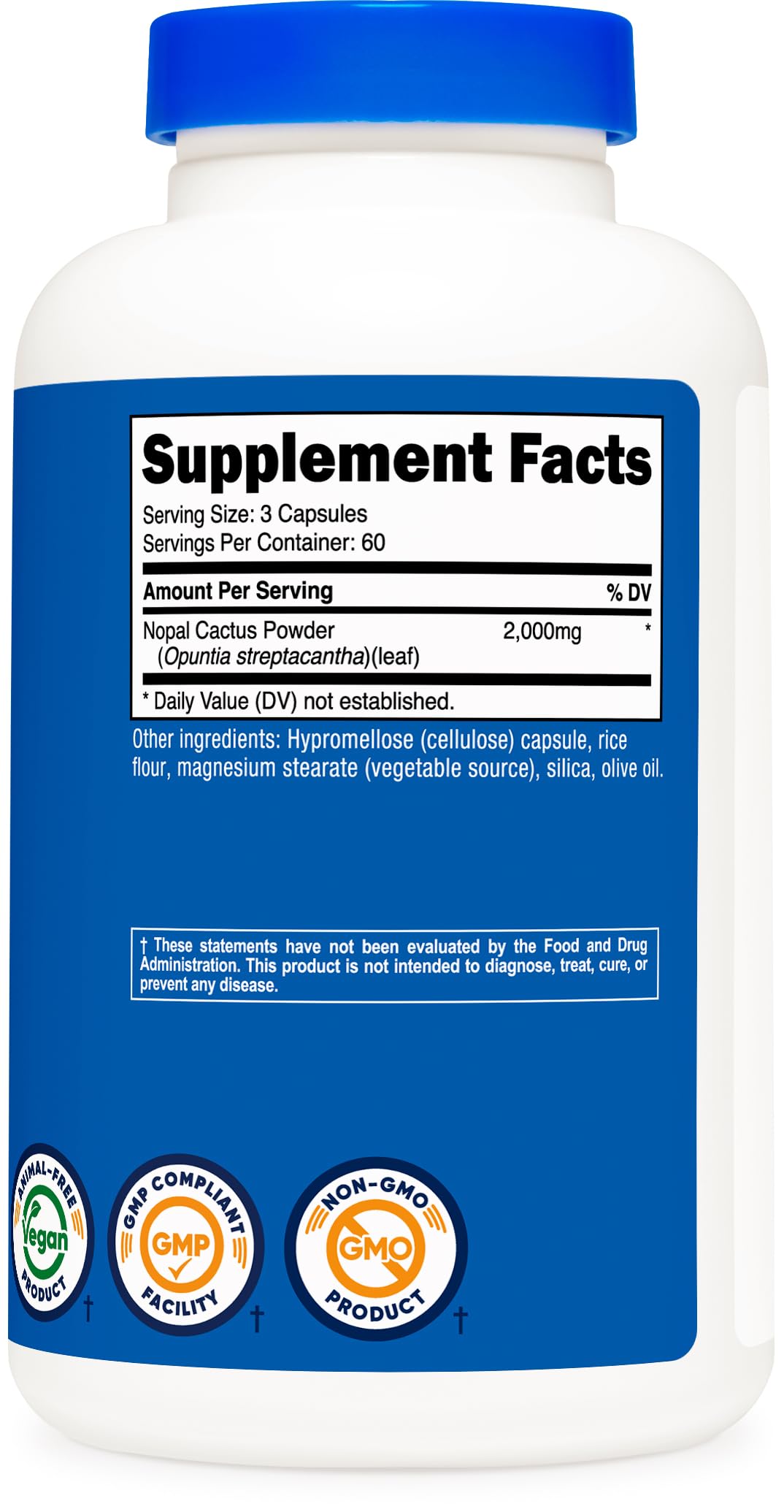 Nutricost Nopal Cactus 2000mg 180 Capsules Vegan - étiquette détaillant les ingrédients