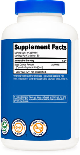 Nutricost Nopal Cactus 2000mg 180 Capsules Vegan - étiquette détaillant les ingrédients