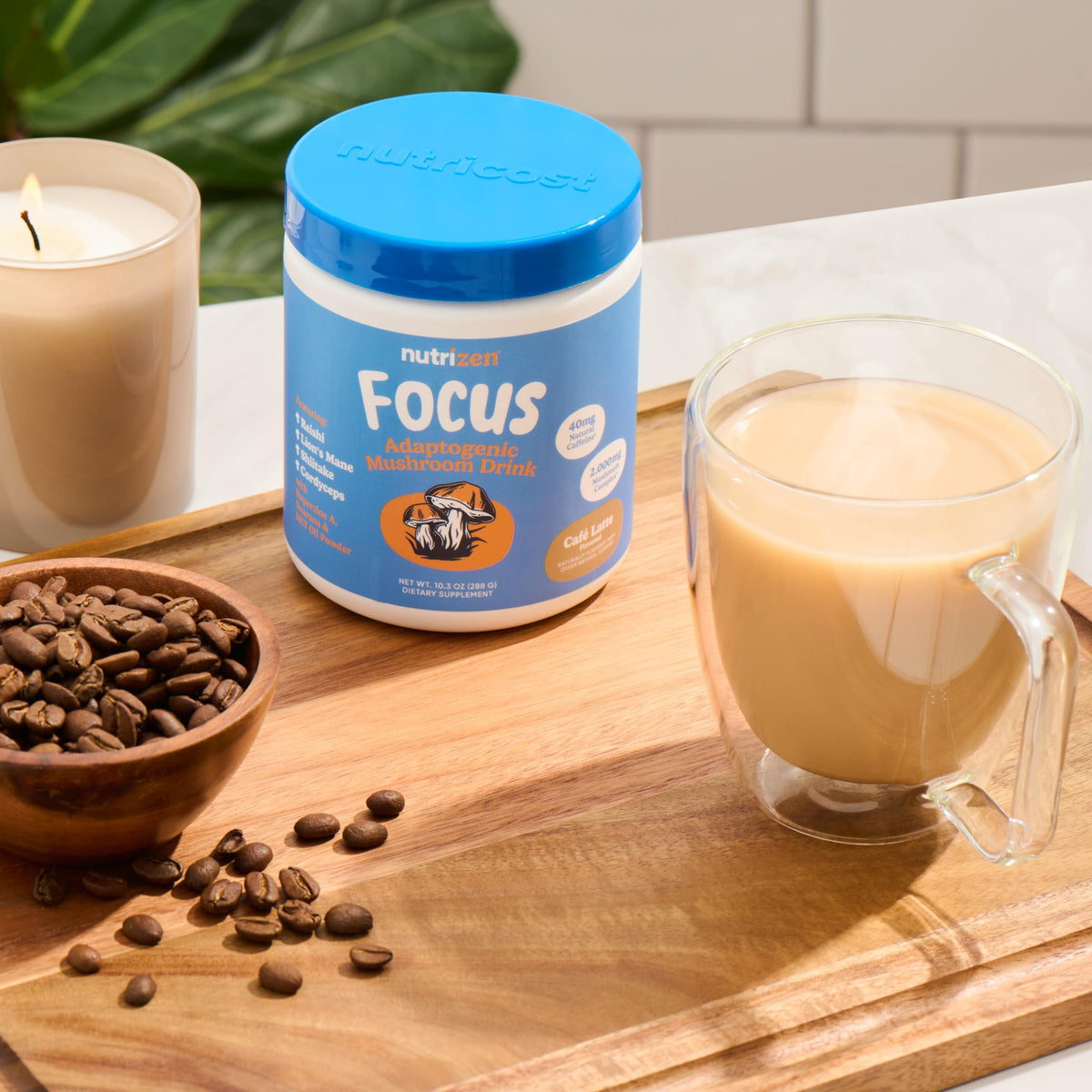 Nutricost Nutrizen AM Focus boisson champignons avec cuillère dosage