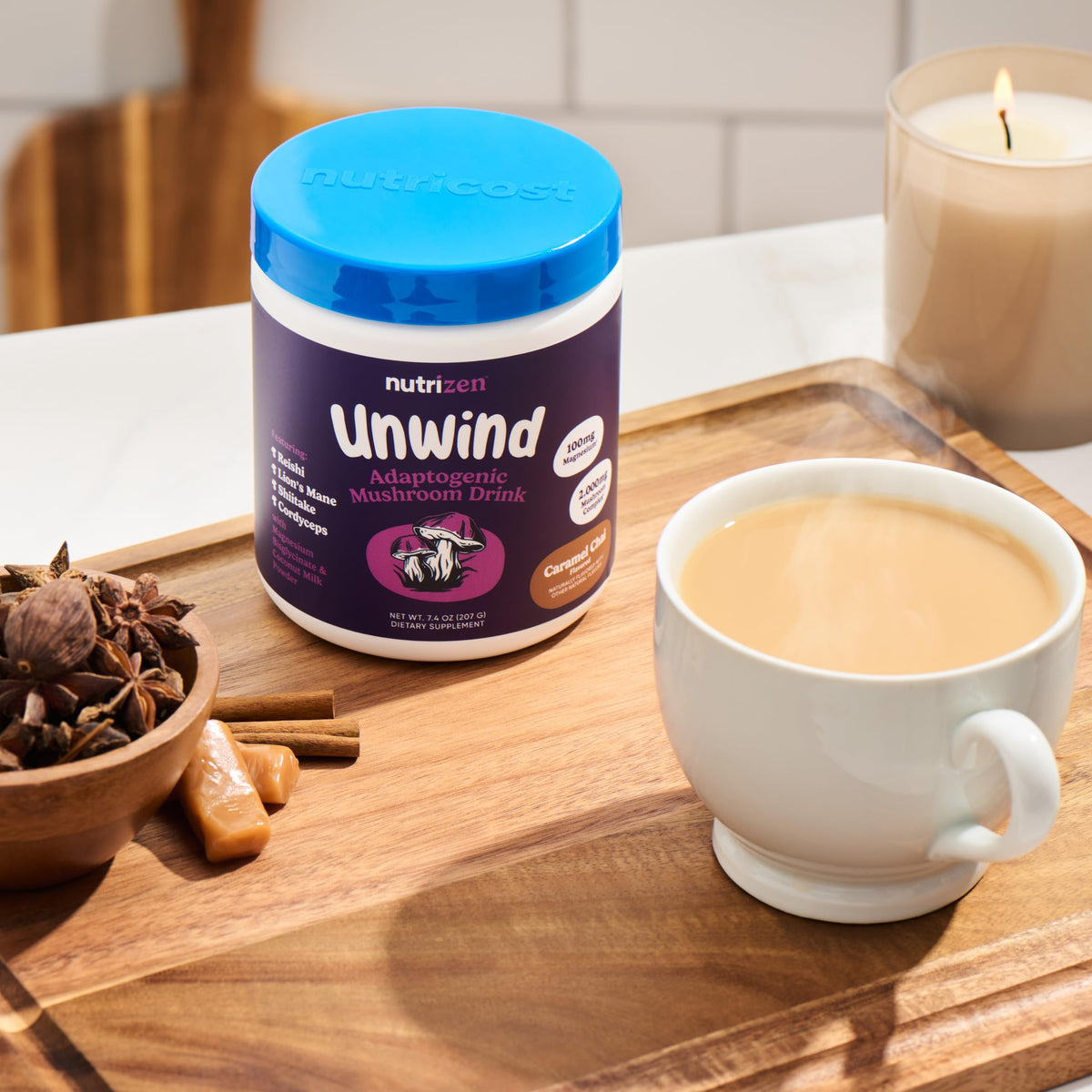 Nutricost Nutrizen PM boisson adaptogène Caramel Chai côté