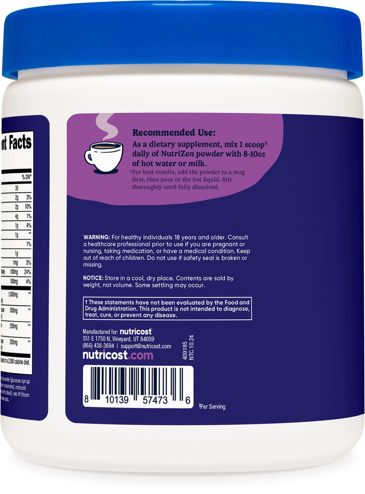 Nutricost Nutrizen PM étiquette avec informations nutritionnelles