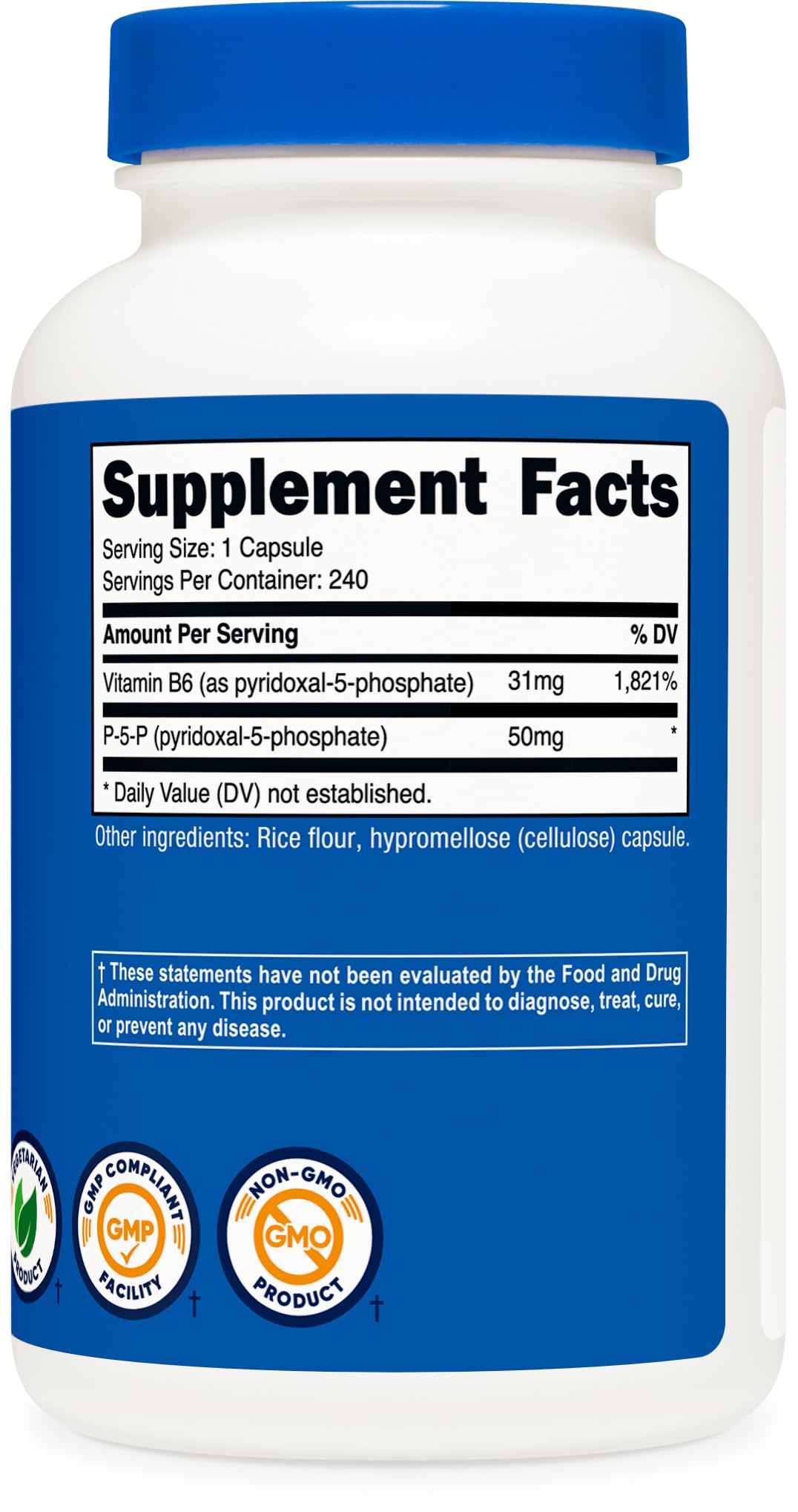 Nutricost P5P 50mg avec étiquette indiquant sans OGM et sans gluten