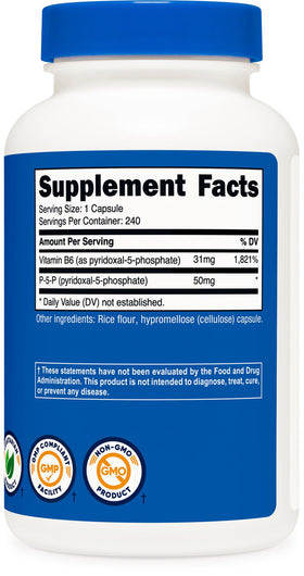 Nutricost P5P 50mg avec étiquette indiquant sans OGM et sans gluten
