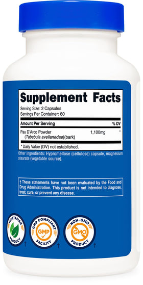 Nutricost Pau D'Arco avec ingrédients et informations sur le produit