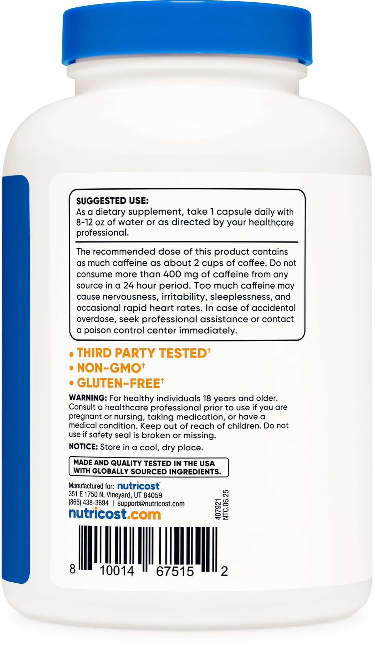 Nutricost Pilules de Caféine, informations nutritionnelles