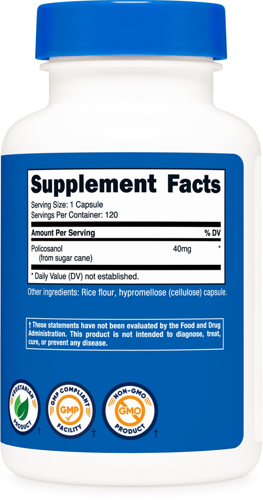 Nutricost Policosanol 40mg sur une table avec des ingrédients naturels en arrière-plan