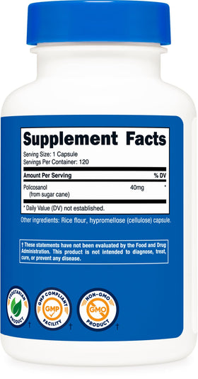 Nutricost Policosanol 40mg sur une table avec des ingrédients naturels en arrière-plan