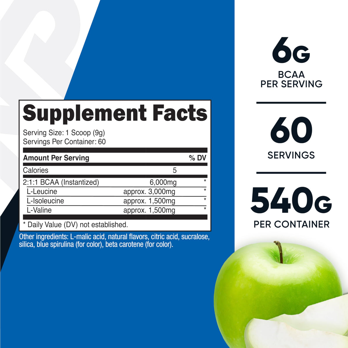 Nutricost Poudre BCAA 2:1:1 630g Saveur Pomme Verte étiquette
