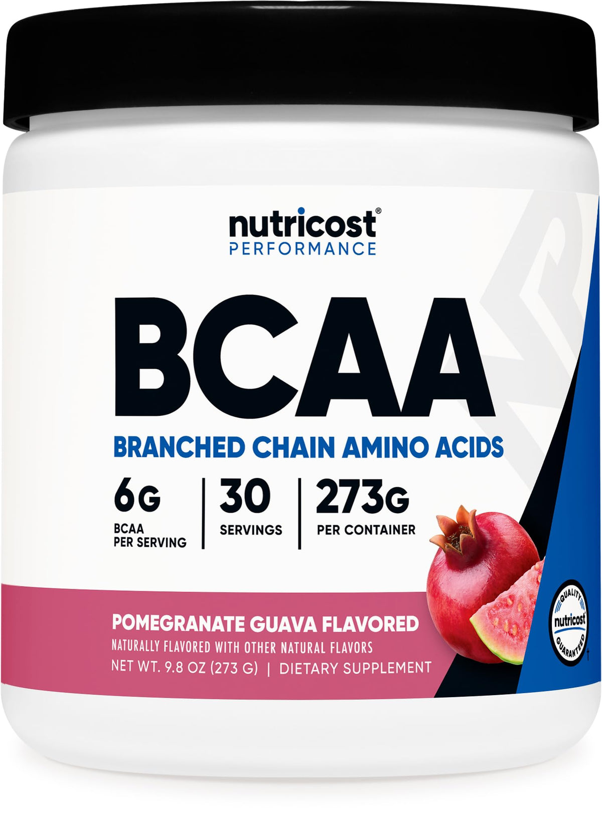 Nutricost Poudre BCAA 2:1:1 Goût Grenade-Goyave devant l'emballage