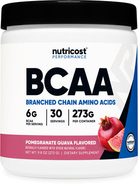 Nutricost Poudre BCAA 2:1:1 Goût Grenade-Goyave devant l'emballage