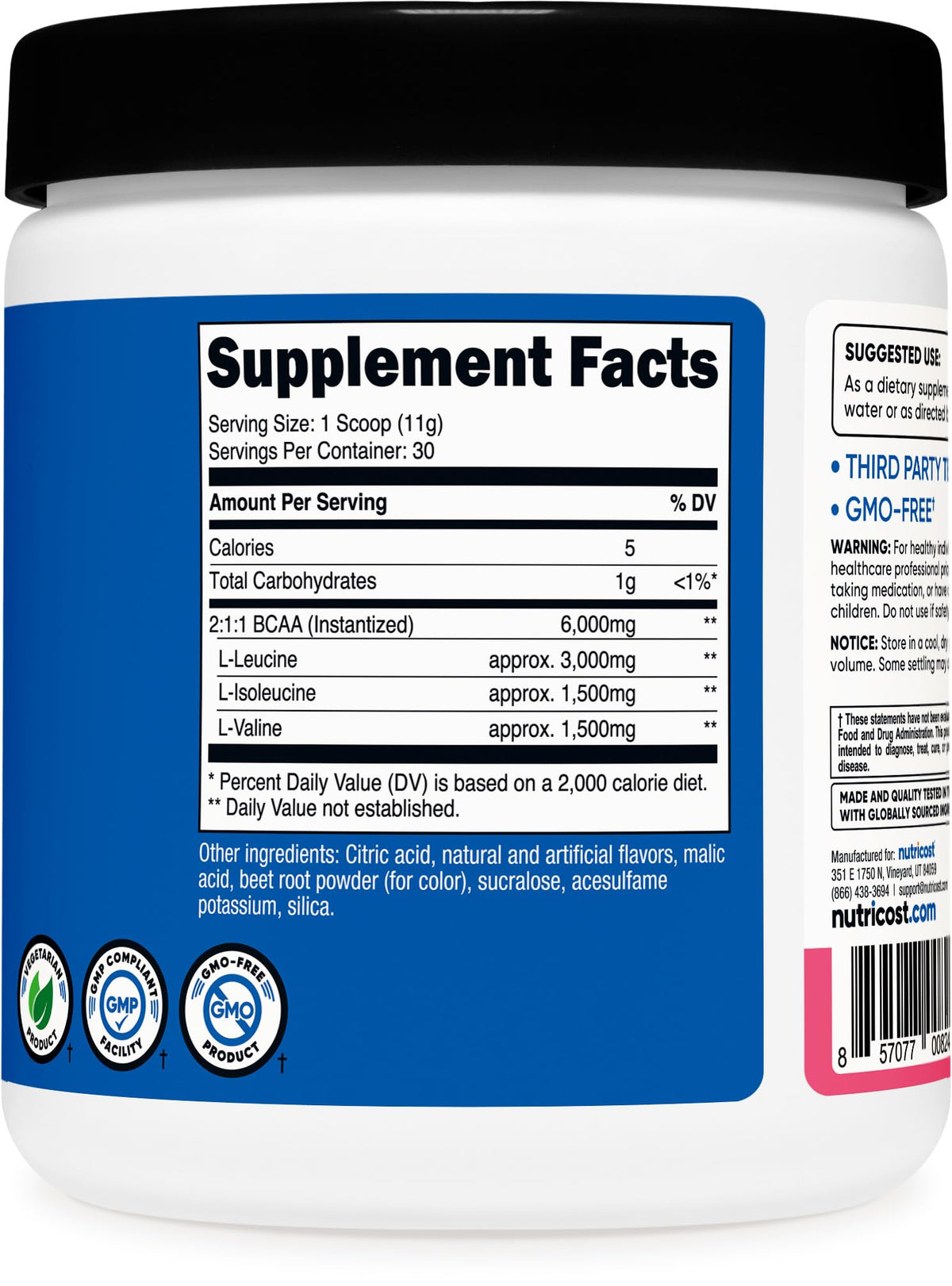 Nutricost Poudre BCAA 2:1:1 Saveur Citron Framboise étiquette détaillée