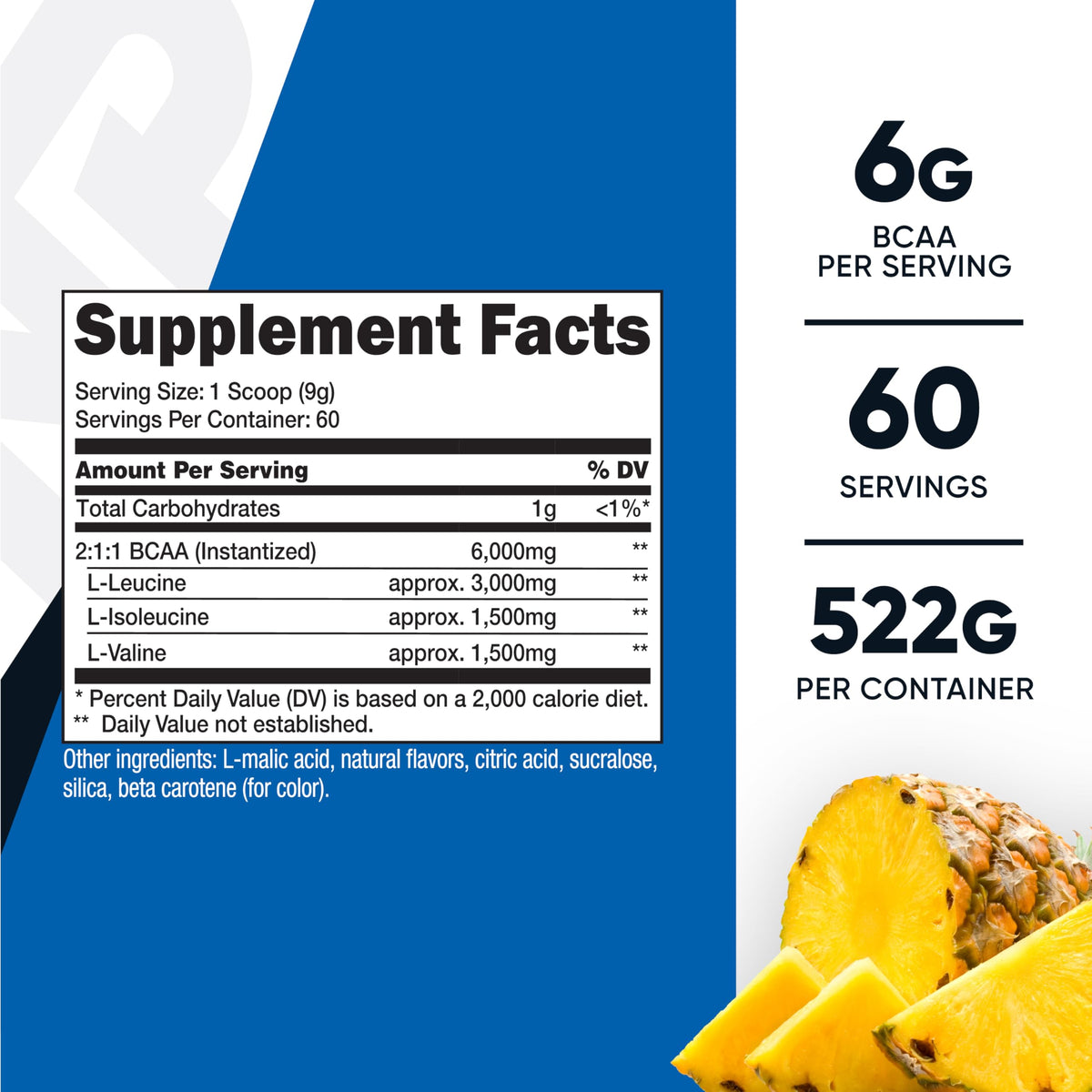 Nutricost Poudre BCAA Ananas vue arrière montrant la composition