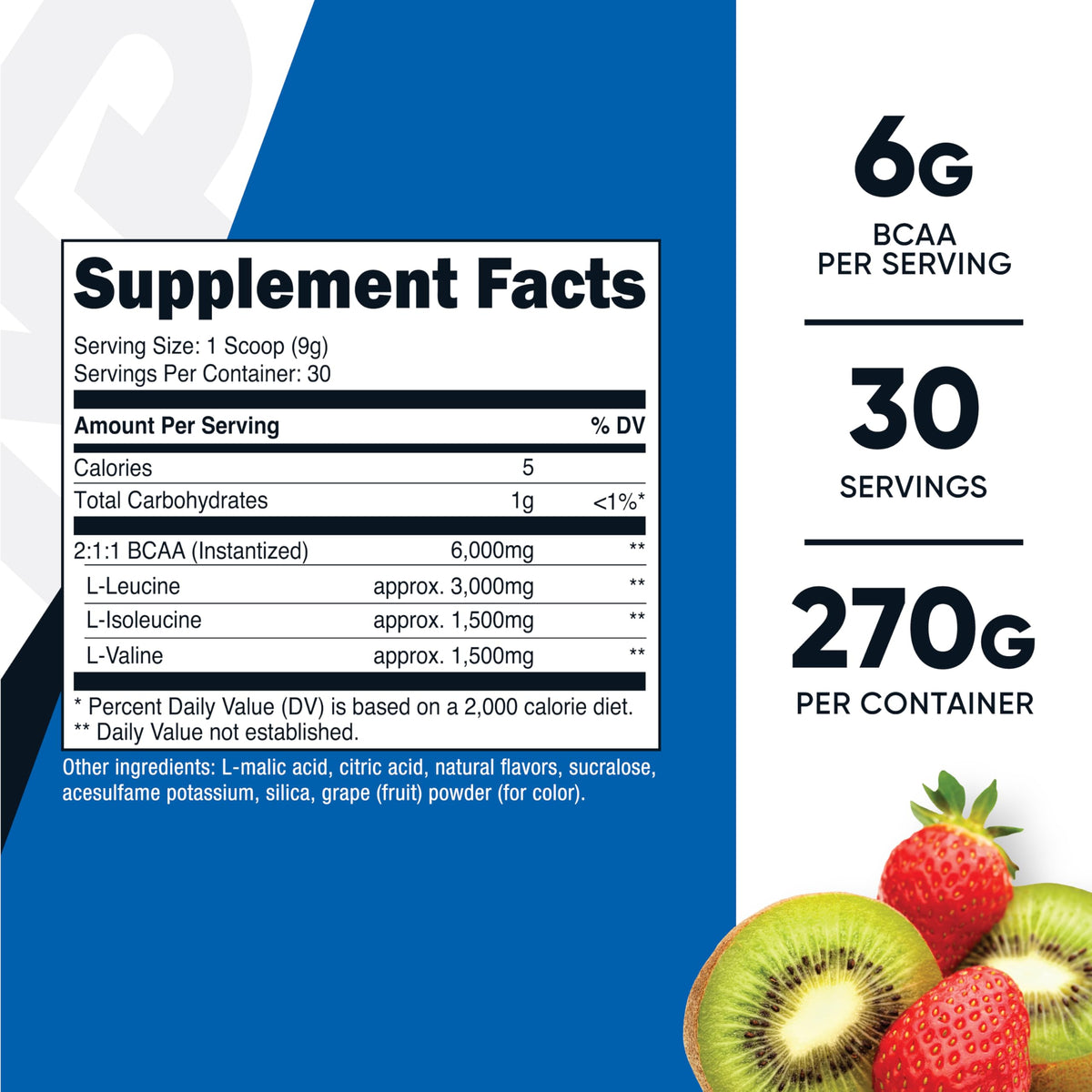 Nutricost Poudre BCAA Kiwi Fraise 349g étiquette et informations