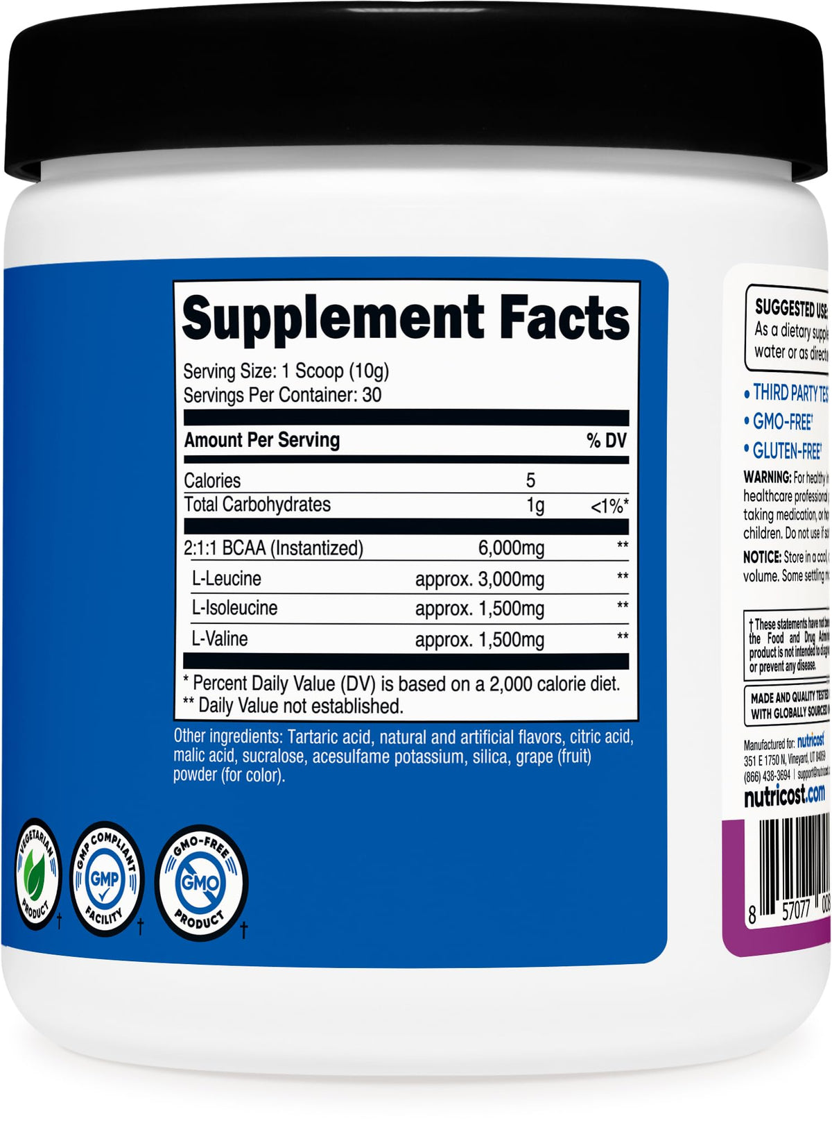 Nutricost Poudre BCAA Raisin 30 Portions sur fond blanc