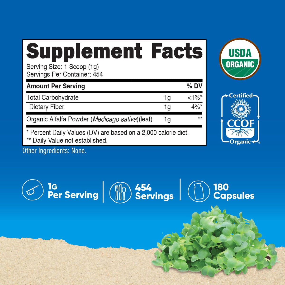 Nutricost Poudre d'Alfalfa Bio 558g vue arrière avec informations nutritionnelles