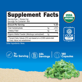 Nutricost Poudre d'Alfalfa Bio 558g vue arrière avec informations nutritionnelles