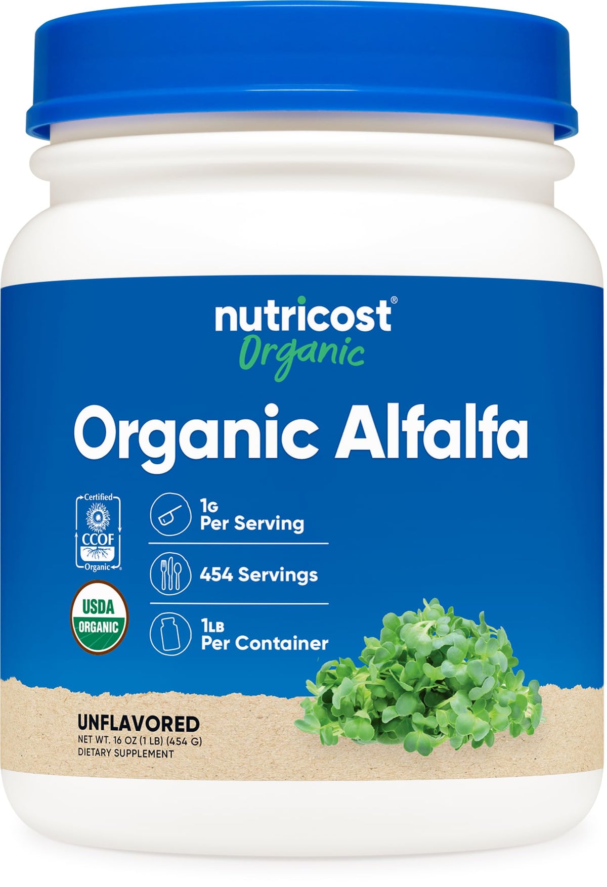 Nutricost Poudre d'Alfalfa Bio 558g vue avant avec étiquette