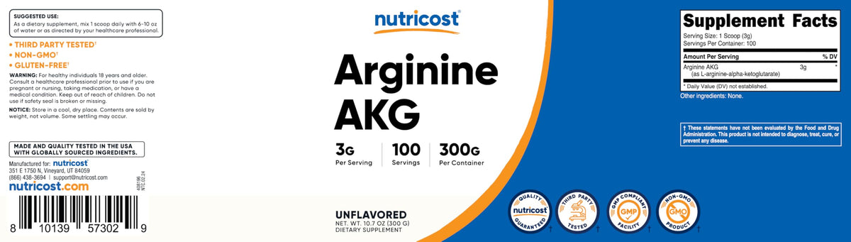 Nutricost Poudre d'Arginine AKG 300g avec ingrédients