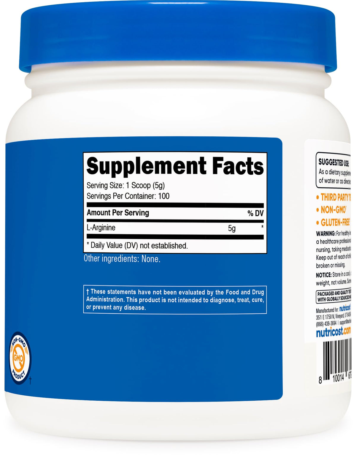 Nutricost Poudre d'Arginine L 500g côté gauche
