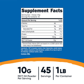 Nutricost Poudre d'Huile MCT 1LB vue arrière avec informations nutritionnelles
