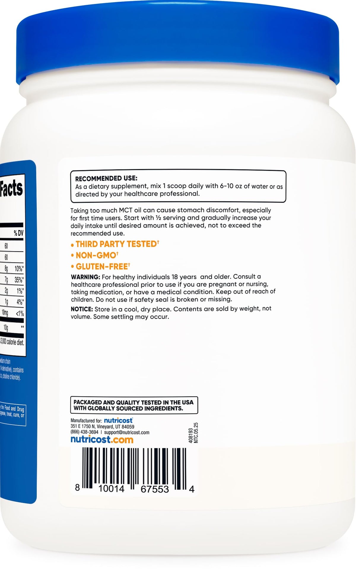 Nutricost Poudre d'Huile MCT C8 1LB sur un plan de travail