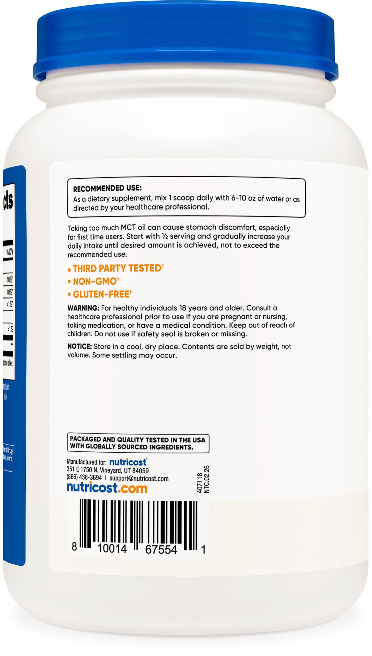 Nutricost Poudre d'Huile MCT C8 570g emballage