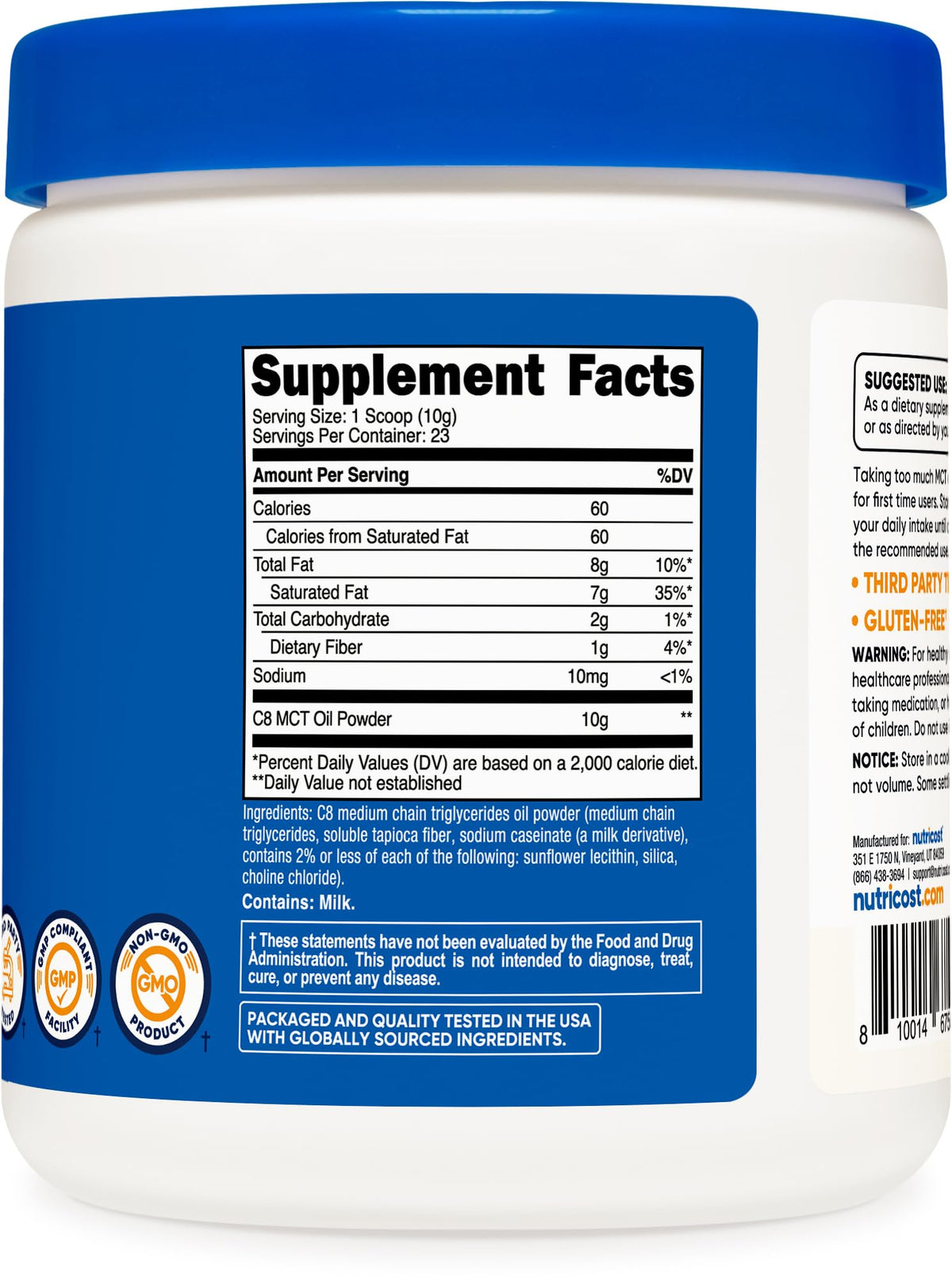 Nutricost Poudre d'Huile MCT C8 95% 290g emballage