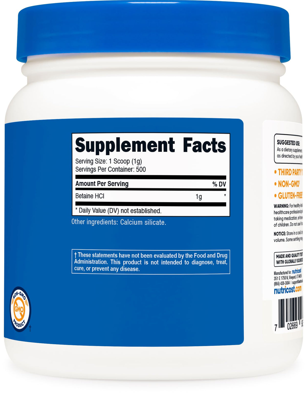 Nutricost Poudre de Betaïne HCl 500g avec ingrédients sur la table