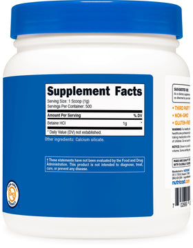 Nutricost Poudre de Betaïne HCl 500g avec ingrédients sur la table