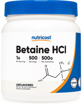 Nutricost Poudre de Betaïne HCl 500g vue de face avec étiquette