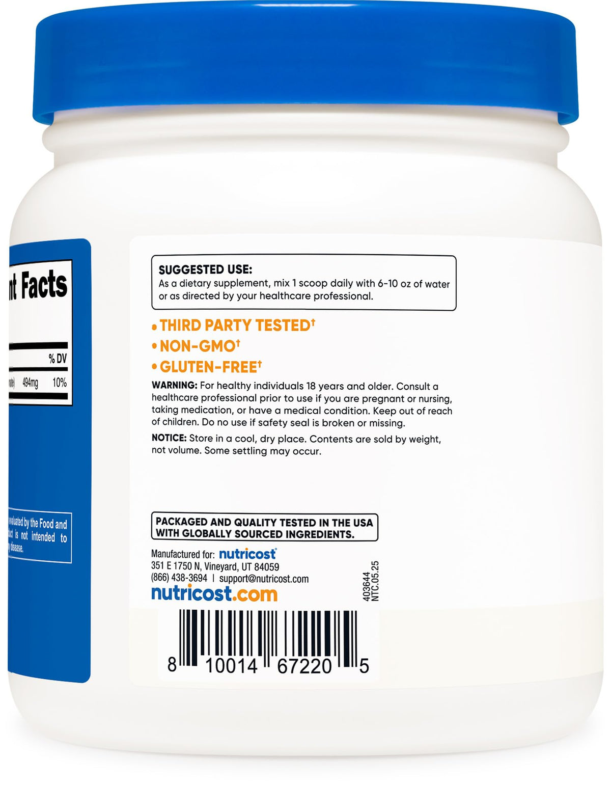 Nutricost Poudre de Bicarbonate de Potassium 2 LB sur un plan de travail