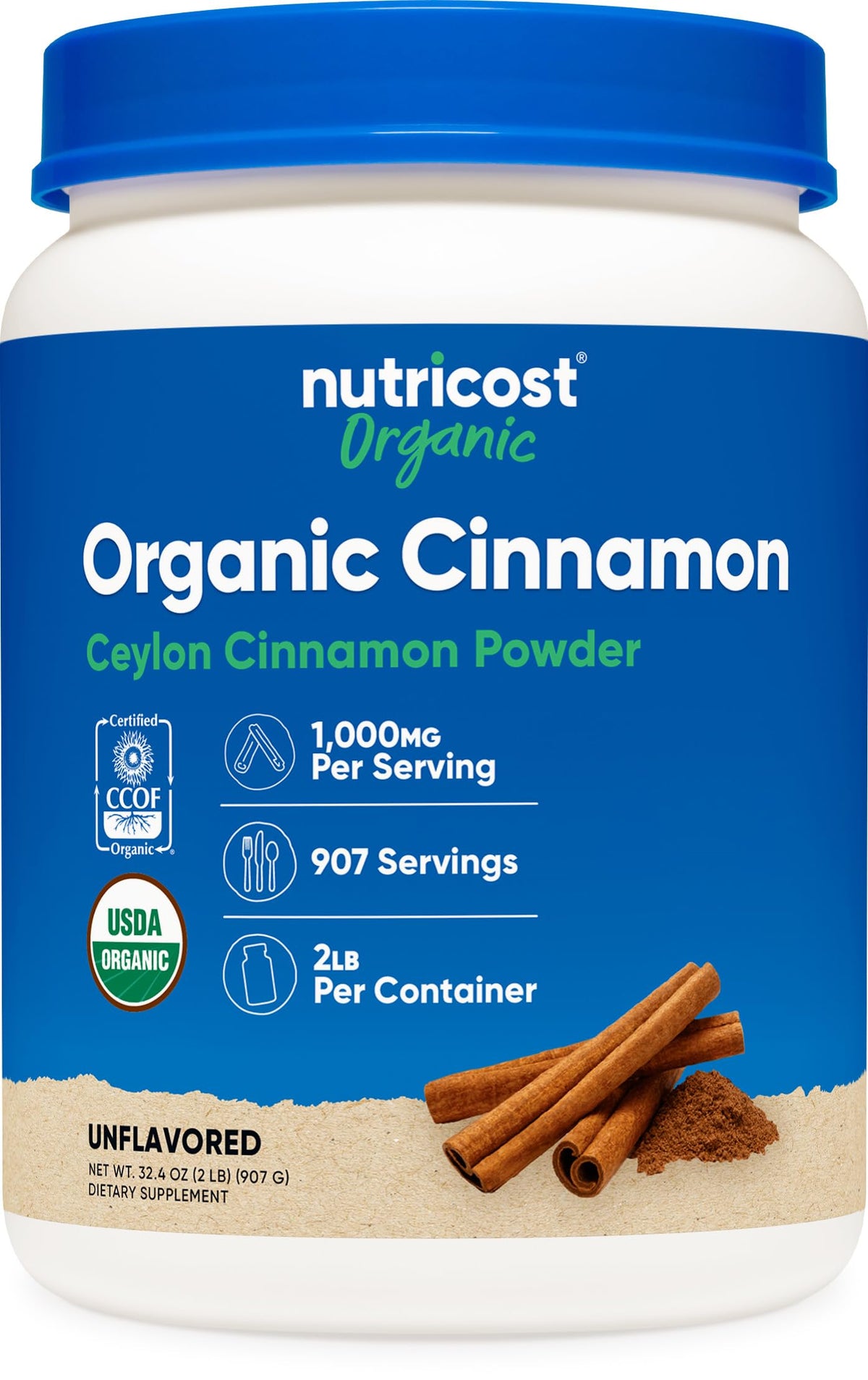 Nutricost Poudre de Cannelle de Ceylan Bio 1029g vue de face