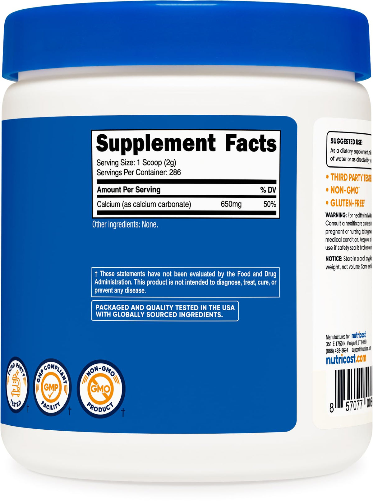 Nutricost Poudre de carbonate de calcium 500g sur une table