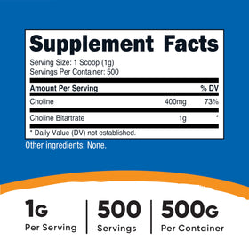 Nutricost Poudre de Choline Bitartrate 500g avec cuillère incluse