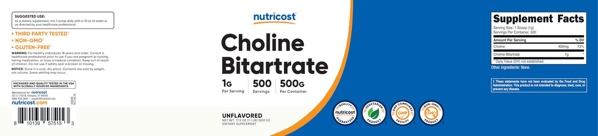 Nutricost Poudre de Choline Bitartrate 500g en utilisation